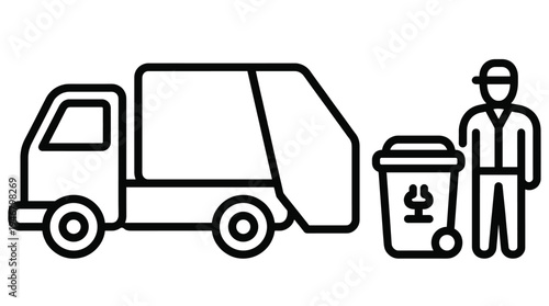A simple vector line icon of a sanitation service with a garbage truck, worker, and recycle bin. For waste management, urban cleaning, and environmental concepts.