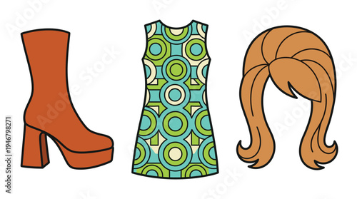 Vibrant retro 1960s fashion vector set featuring a go-go boot, groovy patterned mod dress, and a stylish wig. Perfect for nostalgic design projects and themed events.