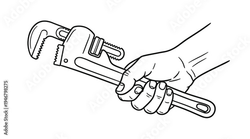 Minimalist line art illustration of a hand holding a pipe wrench. Represents repair, plumbing, DIY projects, and maintenance services. Clean vector icon for handyman work.