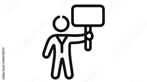 A simple line icon of a person protesting with a blank sign. Perfect for web, UI, and design projects about activism, announcements, or social movements. Add your own message.