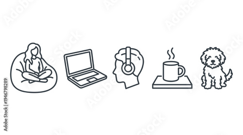 A set of linear icons depicting a cozy remote work lifestyle. Includes a laptop, headphones, coffee, and a pet dog for concepts of comfort, home office, and relaxation. Vector.