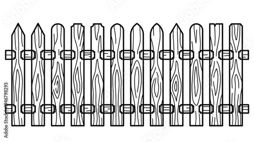 A simple black and white line art illustration of a wooden picket fence. Minimalist vector design for garden, farm, or home concepts. Ideal for icons and coloring books.
