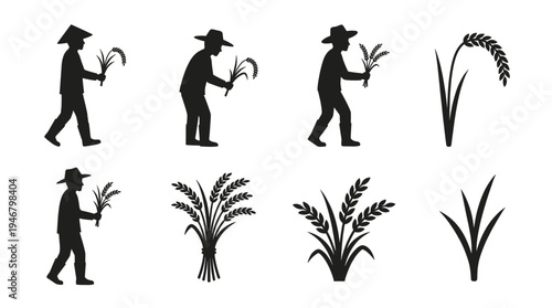 Set of black silhouettes of farmers harvesting rice or wheat. Vector icons for agriculture, farming, and food industry design. Includes plant and person symbols.