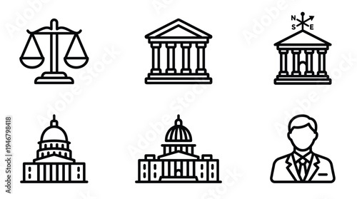 Set of six black line icons representing law, government, and justice. Includes scales, courthouse, capitol, and lawyer symbols. Minimal vector design for legal or financial use.