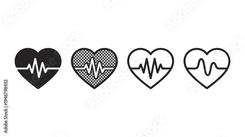 Set of four black heartbeat icons. Vector graphic collection showing heart with cardiogram for health, medical, or fitness design. Simple, modern, and versatile symbols.