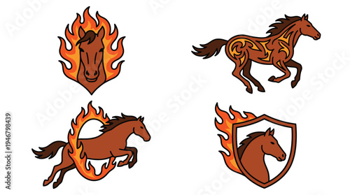 A powerful set of four flaming horse illustrations. This dynamic vector collection is ideal for a strong logo, team mascot, emblem, or modern brand identity design.