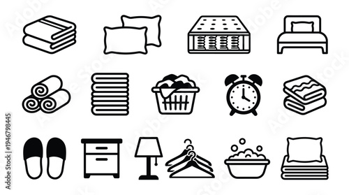 A set of black linear icons for bedroom, bedding, and laundry. Minimalist design for web, app, or print, representing home comfort and daily chores.