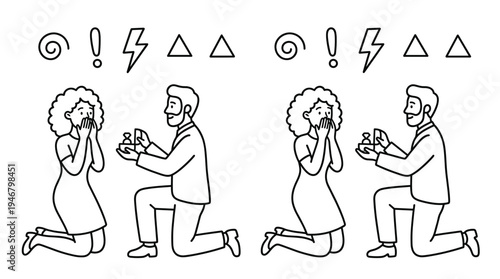 A set of vector icons with a man proposing to a surprised woman. A romantic scene for wedding, engagement, or Valentine's Day designs. Minimalist black outline illustration.