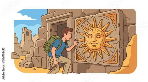 A young male explorer with a backpack discovers a mysterious ancient sun artifact carved in a stone wall of a desert temple. Vector illustration for adventure, travel, and history.