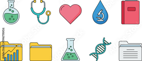 Vector Illustration Set of Medical and Science Icons Including Flasks, Stethoscope, Heart, DNA, Microscope, Folders, Notebook, and Laboratory Data Analytics