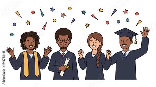 Happy diverse graduates celebrating achievement. A group of multicultural students in gowns smile under confetti. Perfect for education, success, and university themes. Vector.