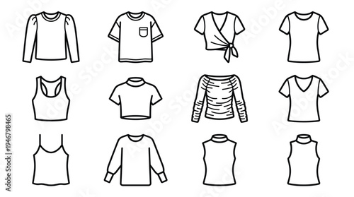 A versatile set of womens clothing line icons. Includes various shirts, tops, and blouses for fashion, e-commerce, or app design. Minimalist and modern vector illustration.
