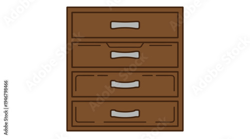 A flat vector icon of a brown wooden cabinet with four drawers for storage. Simple illustration for interior design, furniture concepts, organization, or home decor graphics.