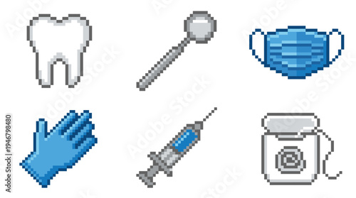 A set of pixel art dental and medical icons. Retro 8-bit illustration for healthcare, dentistry, and hygiene concepts. Includes tooth, syringe, mask, and tools for design.
