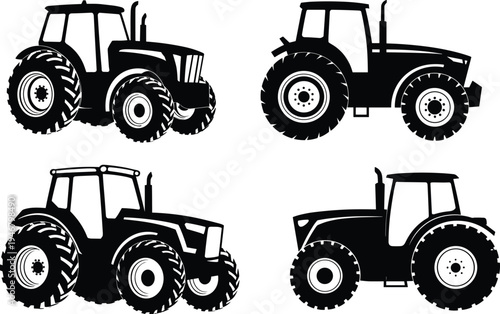 Set of agricultural tractor silhouettes in different angles, detailed farming vehicle vector collection, heavy duty farm machinery icons isolated for agriculture, transport, and rural industry design
