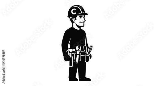 A friendly construction worker or handyman in a hard hat with a tool belt. Black and white vector logo for building, repair, and maintenance services. Simple and professional.