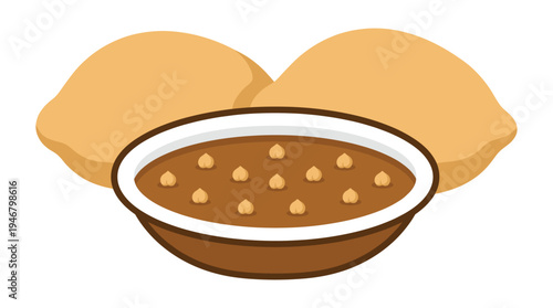 Vector illustration of Chole Bhature, a traditional Indian dish. Features a bowl of spicy chickpea curry and fluffy puri bread. Perfect for menus, food blogs, or cultural designs.