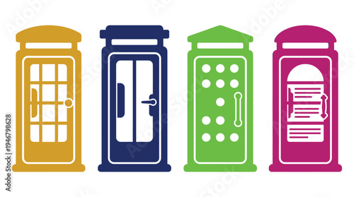 A colorful set of four different telephone booth icons. Flat vector illustration for communication, technology, or travel concepts. Modern, graphic design elements for web or print.