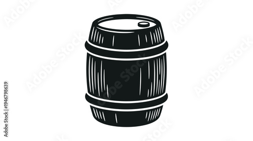 A vintage black and white illustration of a metal barrel. This retro-style keg icon is perfect for brewery logos, bar menus, and designs related to beer, oil, or storage.