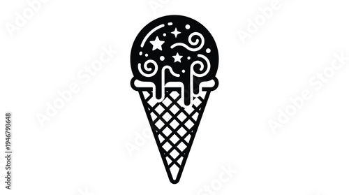 A magical cosmic ice cream cone icon with stars and swirls. This black vector silhouette is perfect for a logo, dessert menu, or fun summer-themed design.