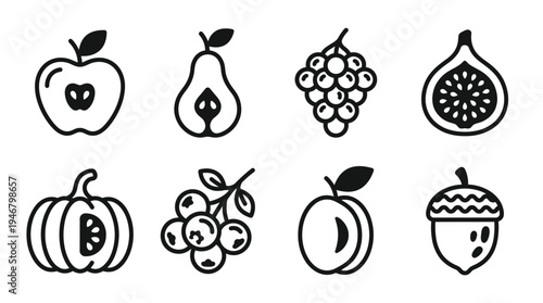 A set of black linear icons depicting autumn harvest fruits and vegetables. Perfect for logos, web design, or healthy food concepts. Minimalist and clean vector illustration.