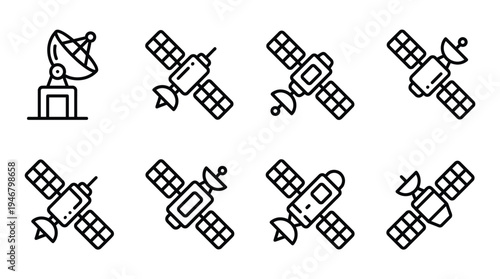 A set of satellite and dish antenna icons. Simple outline style for tech, space, or communication concepts. Perfect for web design, UI, apps, and infographics. Vector illustration.