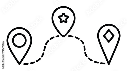 A minimalist line icon showing a route with three location pins. Represents a journey, destination, and travel path. Ideal for navigation apps, maps, and websites.