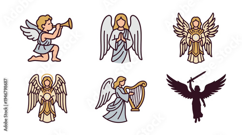 A set of six vector illustrations of angels. Includes religious icons of angels praying, playing harp, blowing trumpet, and a warrior archangel silhouette with a sword.