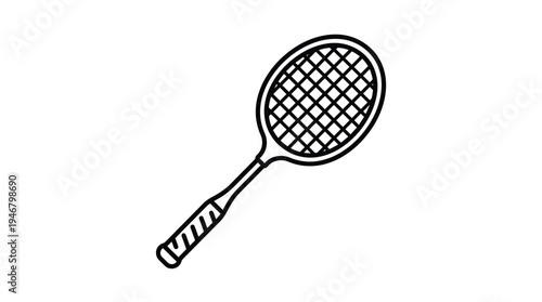 Minimalist tennis racket line icon. A simple black outline vector illustration for sports, fitness, and active lifestyle themes. Perfect for web design, apps, and branding.