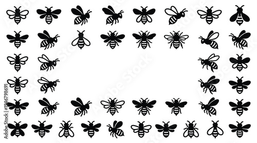 A set of black bee silhouettes and icons forming a decorative frame. Minimalist vector graphics for honey, eco, and nature themes, perfect for branding and design projects.