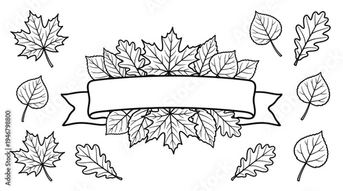 A black and white vector illustration set of autumn leaves with a central blank banner. Perfect for seasonal designs, greeting cards, coloring pages, or fall festival promotions.