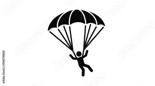A simple black silhouette icon of a person parachuting. This minimalist vector graphic represents skydiving, extreme sports, freedom, and taking a risk.