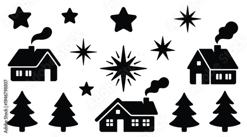 A collection of Christmas and winter icons featuring black silhouettes of cozy houses, trees, and stars on a white background. Ideal for festive design projects.