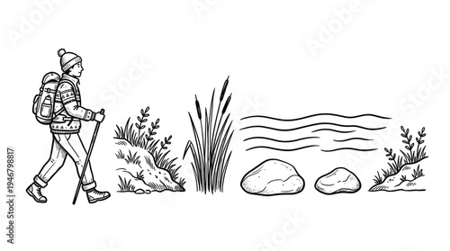 Hand-drawn sketch set of a hiker and nature elements like water, reeds, and rocks. Vector icons for adventure, travel, and outdoor themes. Perfect for logos or infographics.