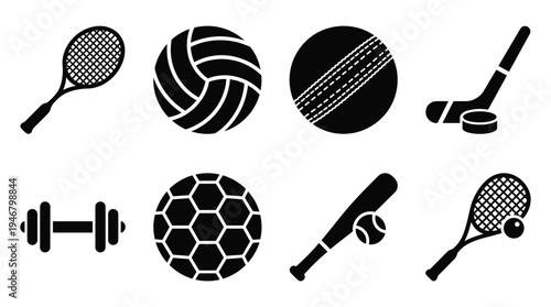 A set of black vector icons showing sports equipment for games and fitness. Minimalist design for web, app, or graphic projects. Includes tennis, soccer, baseball, hockey.
