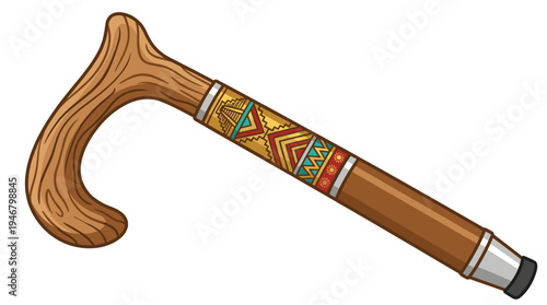 Vector illustration of a wooden walking cane. This mobility aid is decorated with a colorful, traditional ethnic ornament, representing Aztec or Mayan culture and folk art.