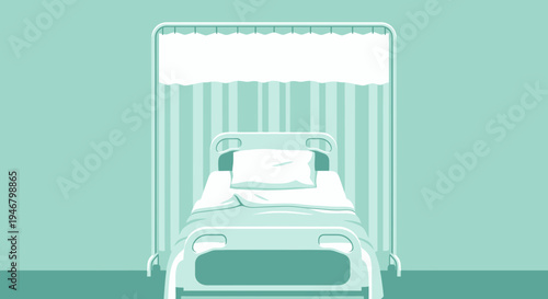 Minimalist Hospital Room Illustration Featuring Empty Bed and Privacy Curtains