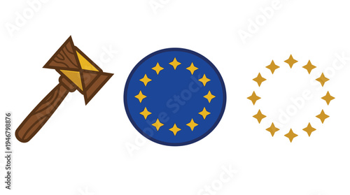 Vector icon set symbolizing European Union law and justice. Includes a gavel and EU flag. Perfect for politics, legislation, and court-related designs and infographics.