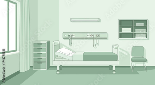 Minimalist Hospital Room Illustration Featuring Medical Bed and Healthcare Elements