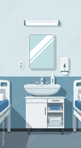 Minimalist Hospital Room Illustration Featuring Beds, Sink, Mirror, and Clean Modern Interior Design