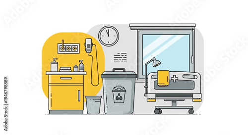 Minimalist Hospital Room Illustration Featuring Medical Equipment and Modern Interior Design