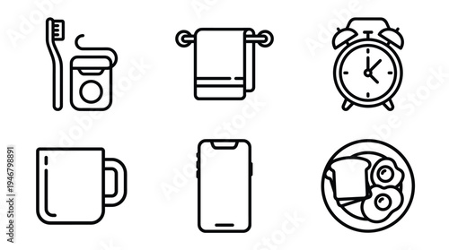 Set of minimal line icons depicting a daily morning routine. Includes breakfast, hygiene, and technology symbols. Perfect for lifestyle, health, and web design concepts.