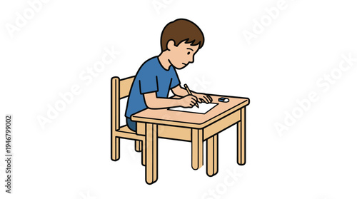 A cartoon illustration of a young boy studying at his desk. He is concentrating while writing on a paper. Perfect for educational, school, or homework-related concepts.
