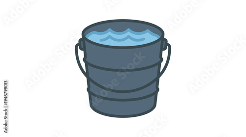 A simple vector icon of a grey metal bucket full of blue water. Minimalist illustration for cleaning, gardening, or household chore concepts. Perfect for web and app design.