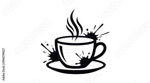 A simple black vector icon of a steaming hot coffee cup on a saucer with dynamic splashes. Perfect for a cafe logo, beverage menu, coffee shop branding, or restaurant design.