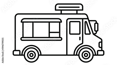 Minimal food truck line icon. A simple black outline drawing of a delivery van. Perfect vector graphic for a street food festival logo, menu, or fast food business symbol.