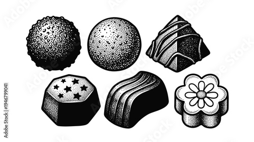 A collection of assorted gourmet chocolate candies. Black and white vector illustration with a vintage, hand drawn, engraved style. Perfect for menus, logos, or packaging design.
