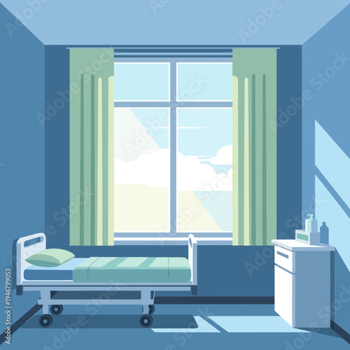 Minimalist Hospital Room Interior Displaying Modern Bedside Cabinet and Tranquil Atmosphere