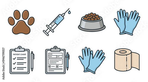 A set of colorful vector icons for veterinary clinics and pet care. Includes paw print, syringe, food, gloves, and patient charts. Perfect for animal health and medical concepts.