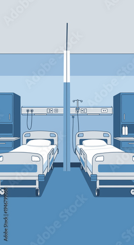 Minimalist Hospital Room Interior Featuring Two Beds, Medical Equipment, and Blue Tones